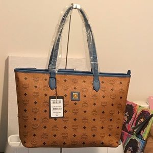 MCM Visetos Shopper Tote cognac/ slate blue